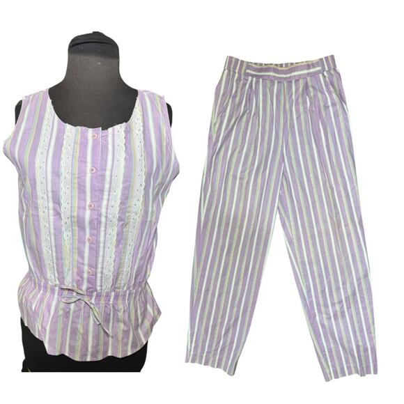 Vtg Pastel Striped Peplum Top Coord Pants Size 7/8 Femme Girlhood Core Coquette - Picture 1 of 8